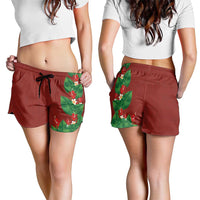 Hawaiian Taro Leaves-Hibiscus and Plumeria Shorts for Women Polynesian Art-Kakau Tattoo Red