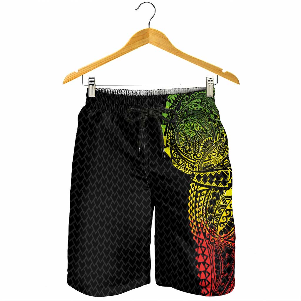 Hawaiian Traditional Tattoos Shorts for Men Kakau Tribal Tropical Plant Motif Kanaka Maoli Flag Color Inspired