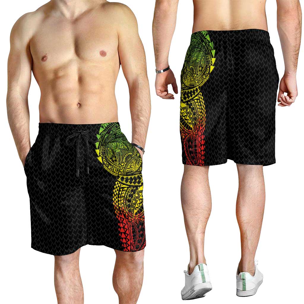 Hawaiian Traditional Tattoos Shorts for Men Kakau Tribal Tropical Plant Motif Kanaka Maoli Flag Color Inspired