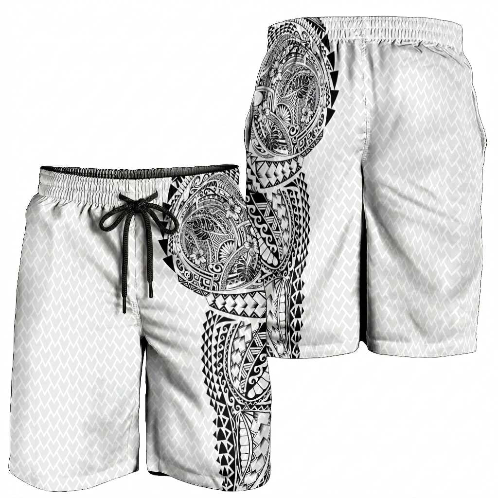Hawaiian Traditional Tattoos Shorts for Men Kakau Tribal Tropical Plant Motif White Color