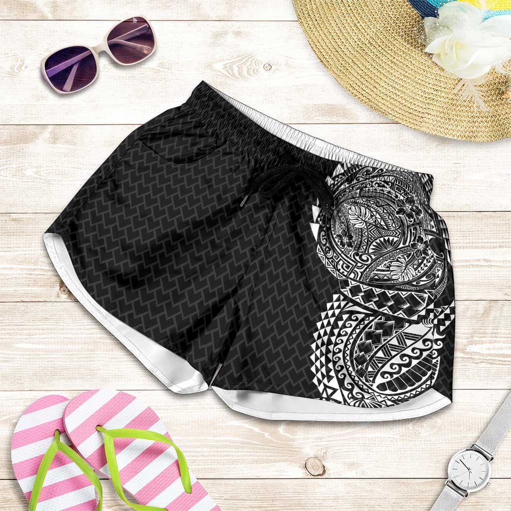 Hawaiian Traditional Tattoos Shorts for Women Kakau Tribal Tropical Plant Motif Black Color