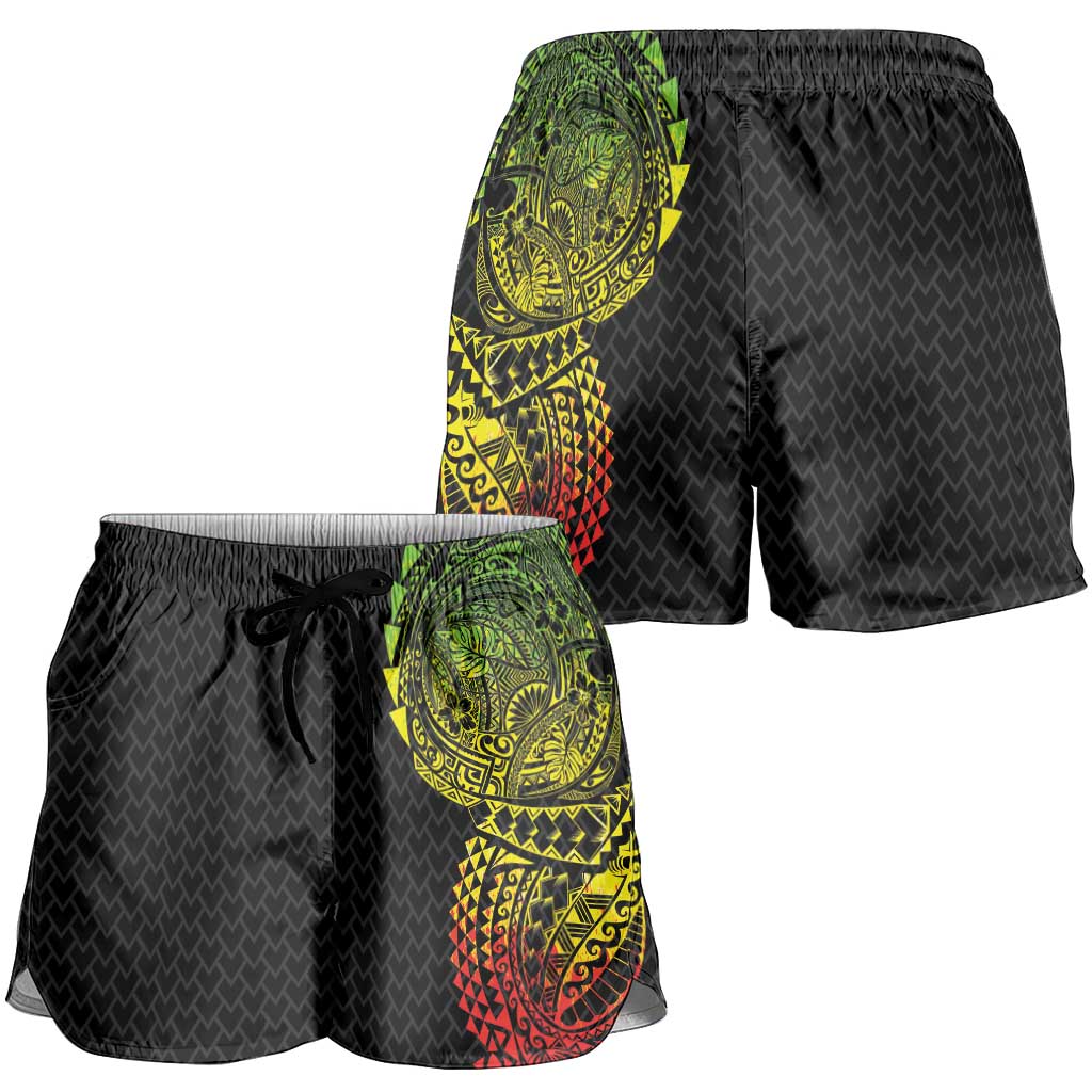 Hawaiian Traditional Tattoos Shorts for Women Kakau Tribal Tropical Plant Motif Kanaka Maoli Flag Color Inspired