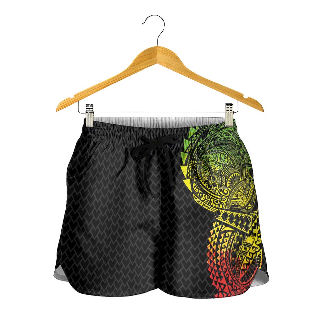 Hawaiian Traditional Tattoos Shorts for Women Kakau Tribal Tropical Plant Motif Kanaka Maoli Flag Color Inspired