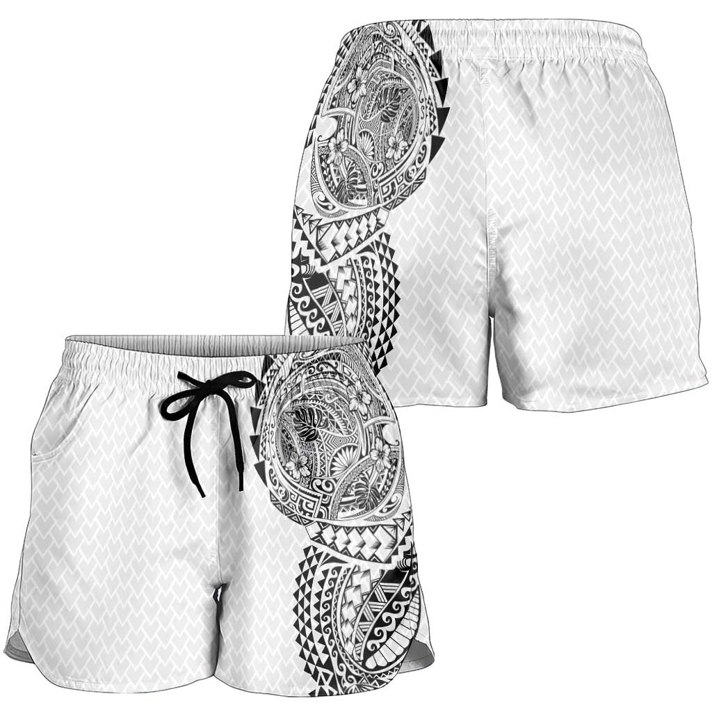 Hawaiian Traditional Tattoos Shorts for Women Kakau Tribal Tropical Plant Motif White Color LT03 - Polynesian Pride