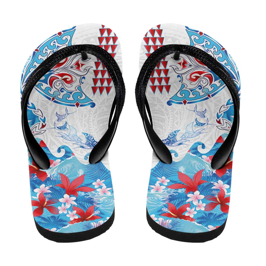 Hawaiian Tribal Manta Ray Flip Flops Kakau Tattoo and Flowers Surfing Waves Pattern Ocean Color LT03 - Polynesian Pride
