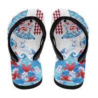 Hawaiian Tribal Manta Ray Flip Flops Kakau Tattoo and Flowers Surfing Waves Pattern Ocean Color LT03 - Polynesian Pride