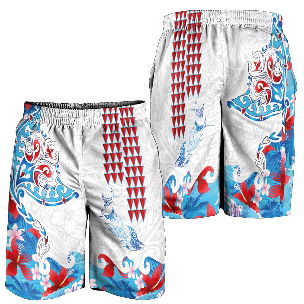Hawaiian Tribal Manta Ray Shorts for Men Kakau Tattoo and Flowers Surfing Waves Pattern Ocean Color