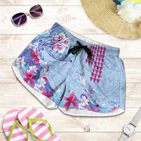 Hawaiian Tribal Manta Ray Shorts for Women Kakau Tattoo and Flowers Surfing Waves Pattern Soft Color