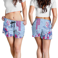 Hawaiian Tribal Manta Ray Shorts for Women Kakau Tattoo and Flowers Surfing Waves Pattern Soft Color