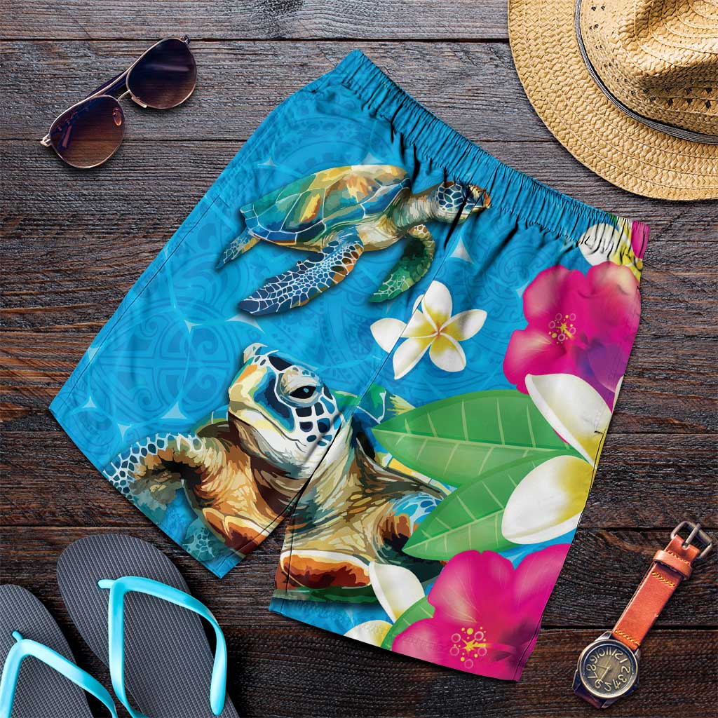 Hawaiian Tropical Flower Honu Shorts for Men Under The Blue Water - Polynesian Pride