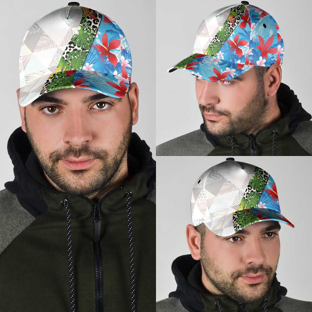 Hawaiian Tropical Flowers and Leaves Classic Cap Leopard Pattern Half White Blue Version LT03