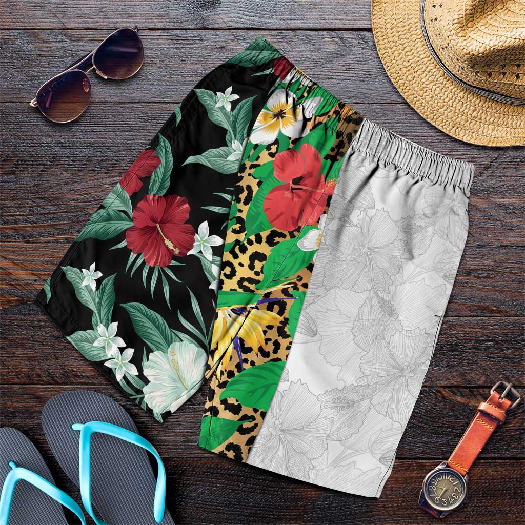Hawaiian Tropical Flowers and Leaves Shorts for Men Leopard Pattern Half White Black Version - Polynesian Pride