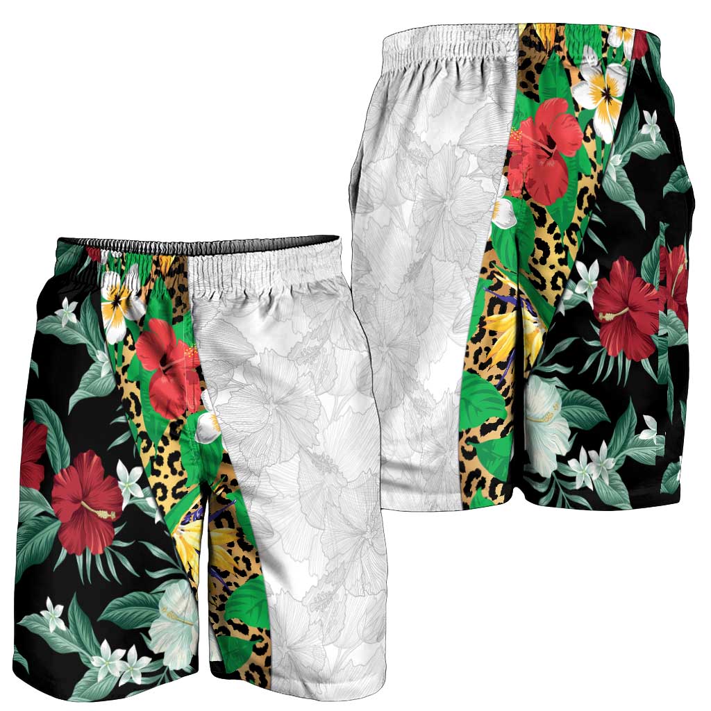 Hawaiian Tropical Flowers and Leaves Shorts for Men Leopard Pattern Half White Black Version - Polynesian Pride