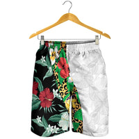 Hawaiian Tropical Flowers and Leaves Shorts for Men Leopard Pattern Half White Black Version - Polynesian Pride