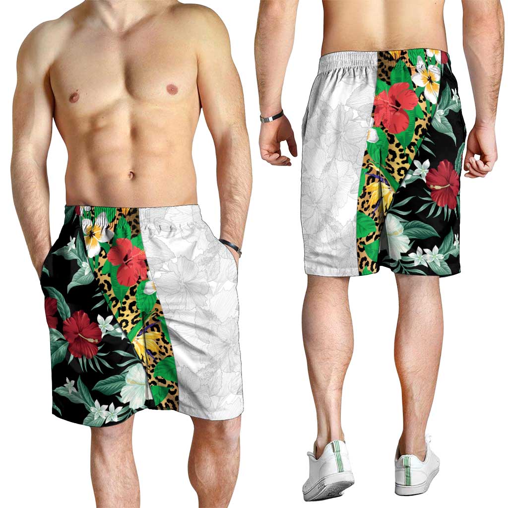 Hawaiian Tropical Flowers and Leaves Shorts for Men Leopard Pattern Half White Black Version - Polynesian Pride