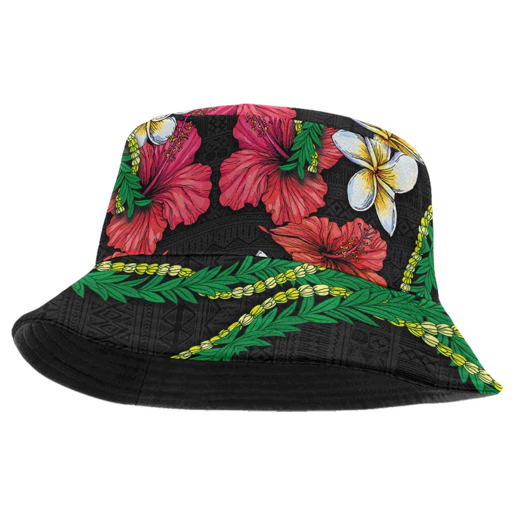 Hawaiian Tropical Flowers and Maile Pikake Bucket Hat Polynesian Tribal Pattern Black Color - Polynesian Pride