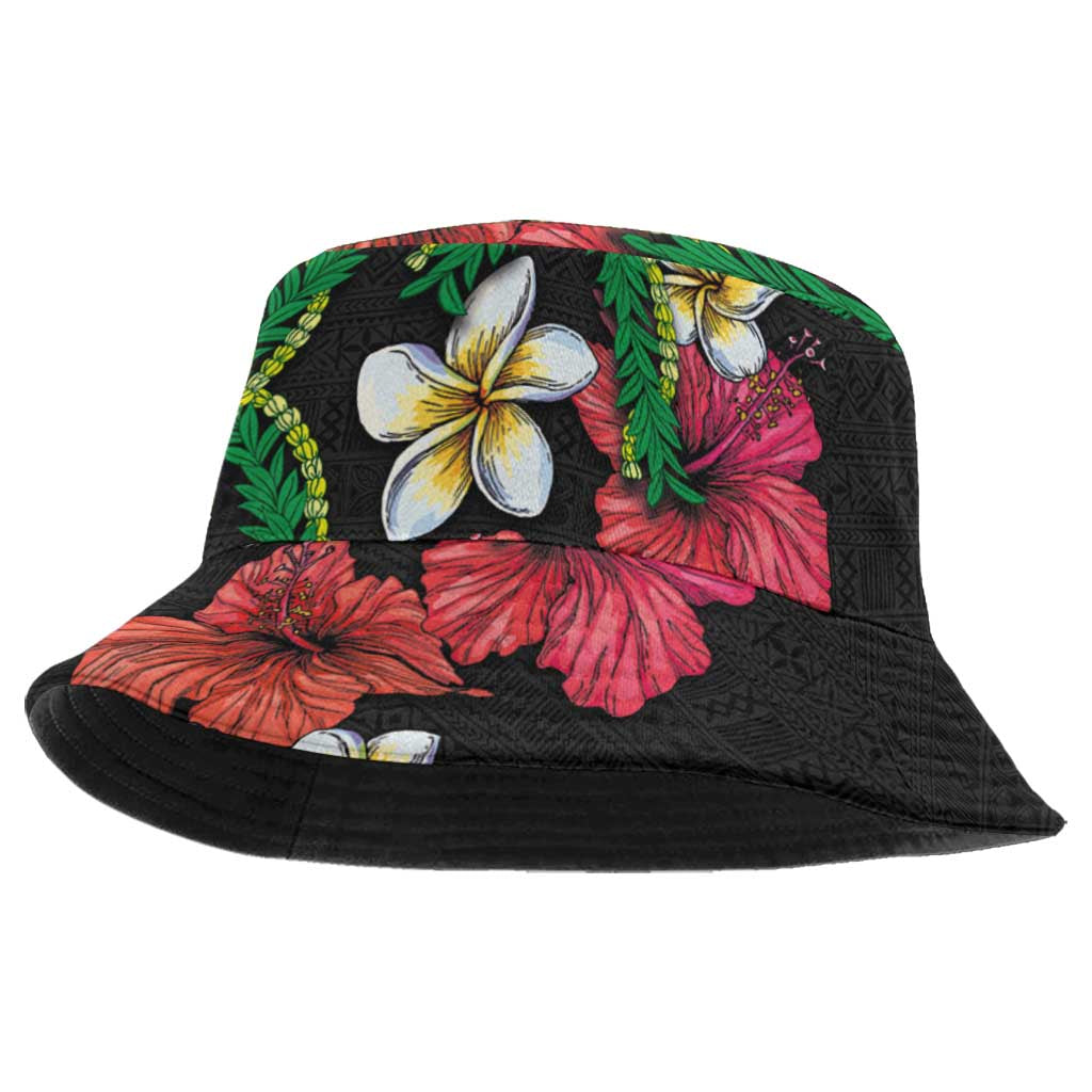Hawaiian Tropical Flowers and Maile Pikake Bucket Hat Polynesian Tribal Pattern Black Color LT03