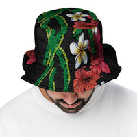 Hawaiian Tropical Flowers and Maile Pikake Bucket Hat Polynesian Tribal Pattern Black Color LT03