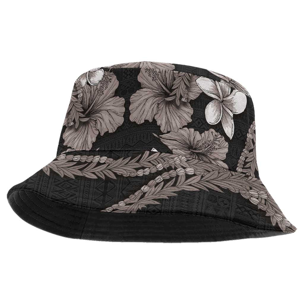 Hawaiian Tropical Flowers and Maile Pikake Bucket Hat Polynesian Tribal Pattern Grayscale Mode - Polynesian Pride