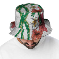 Hawaiian Tropical Flowers and Maile Pikake Bucket Hat Polynesian Tribal Pattern White Color LT03