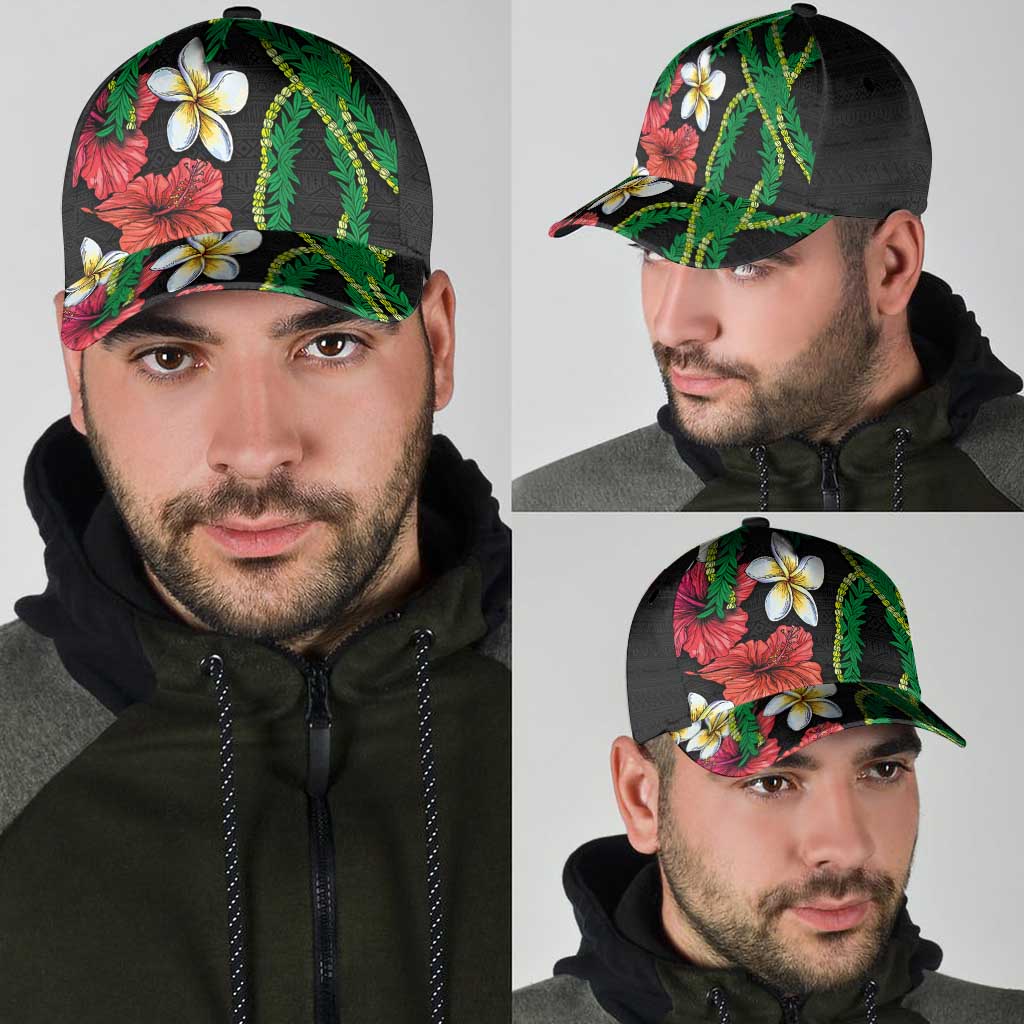 Hawaiian Tropical Flowers and Maile Pikake Classic Cap Polynesian Tribal Pattern Black Color LT03