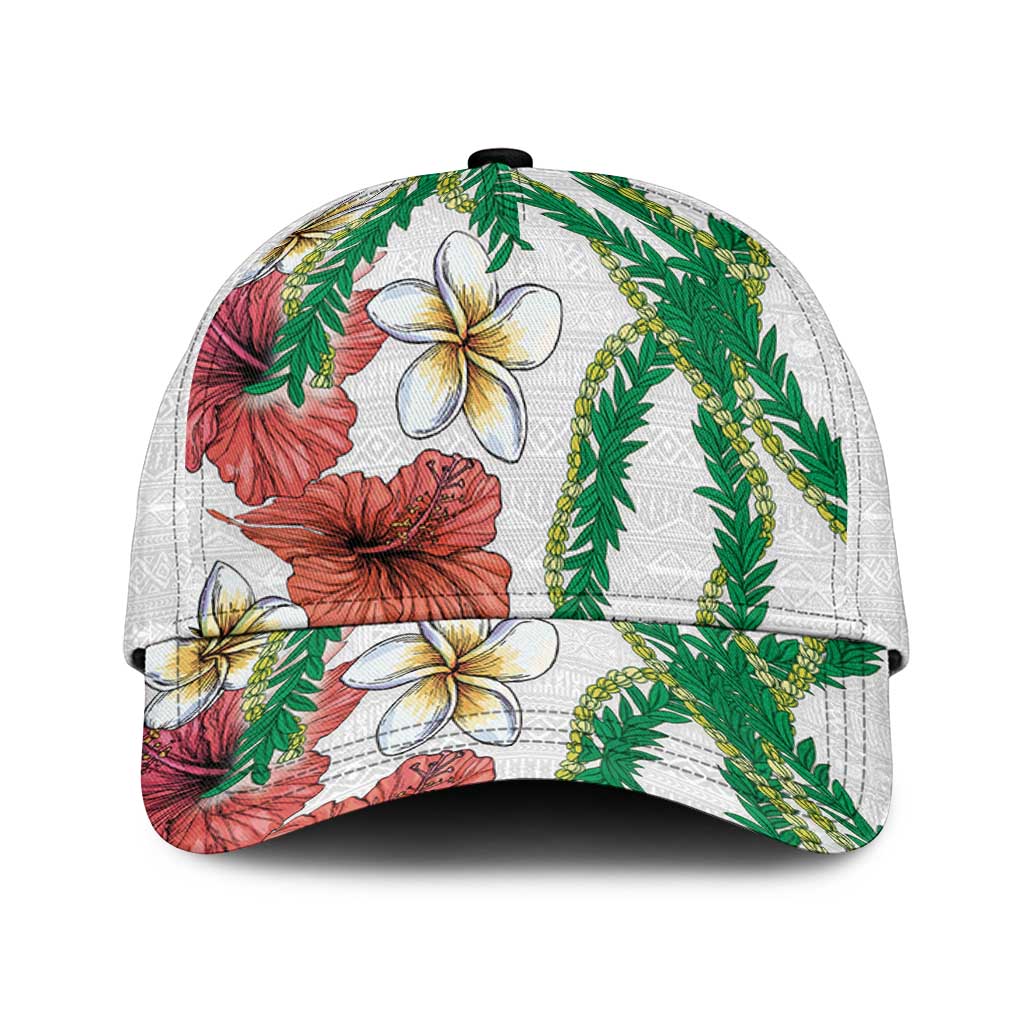 Hawaiian Tropical Flowers and Maile Pikake Classic Cap Polynesian Tribal Pattern White Color LT03