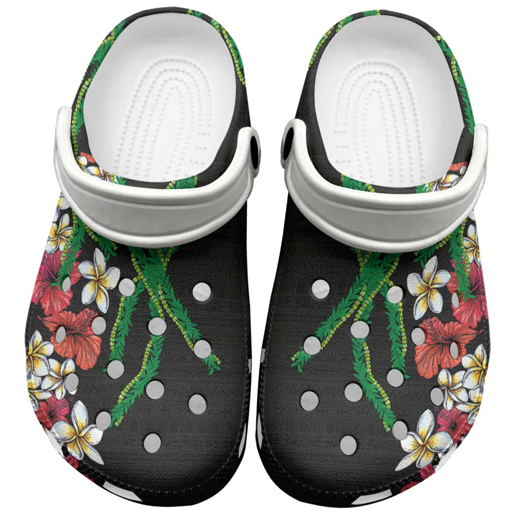 Hawaiian Tropical Flowers and Maile Pikake Clogs Shoes Polynesian Tribal Pattern Black Color