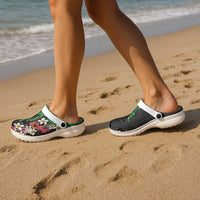 Hawaiian Tropical Flowers and Maile Pikake Clogs Shoes Polynesian Tribal Pattern Black Color