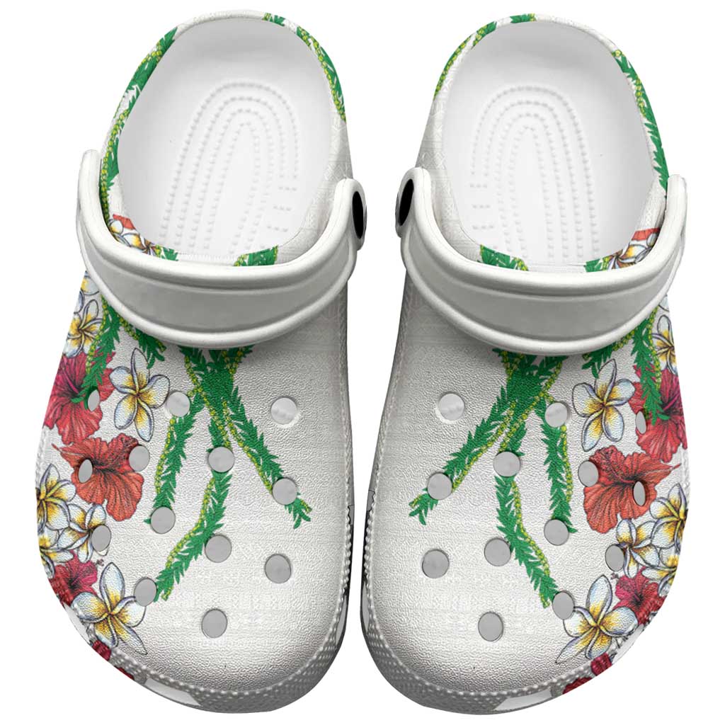 Hawaiian Tropical Flowers and Maile Pikake Clogs Shoes Polynesian Tribal Pattern White Color