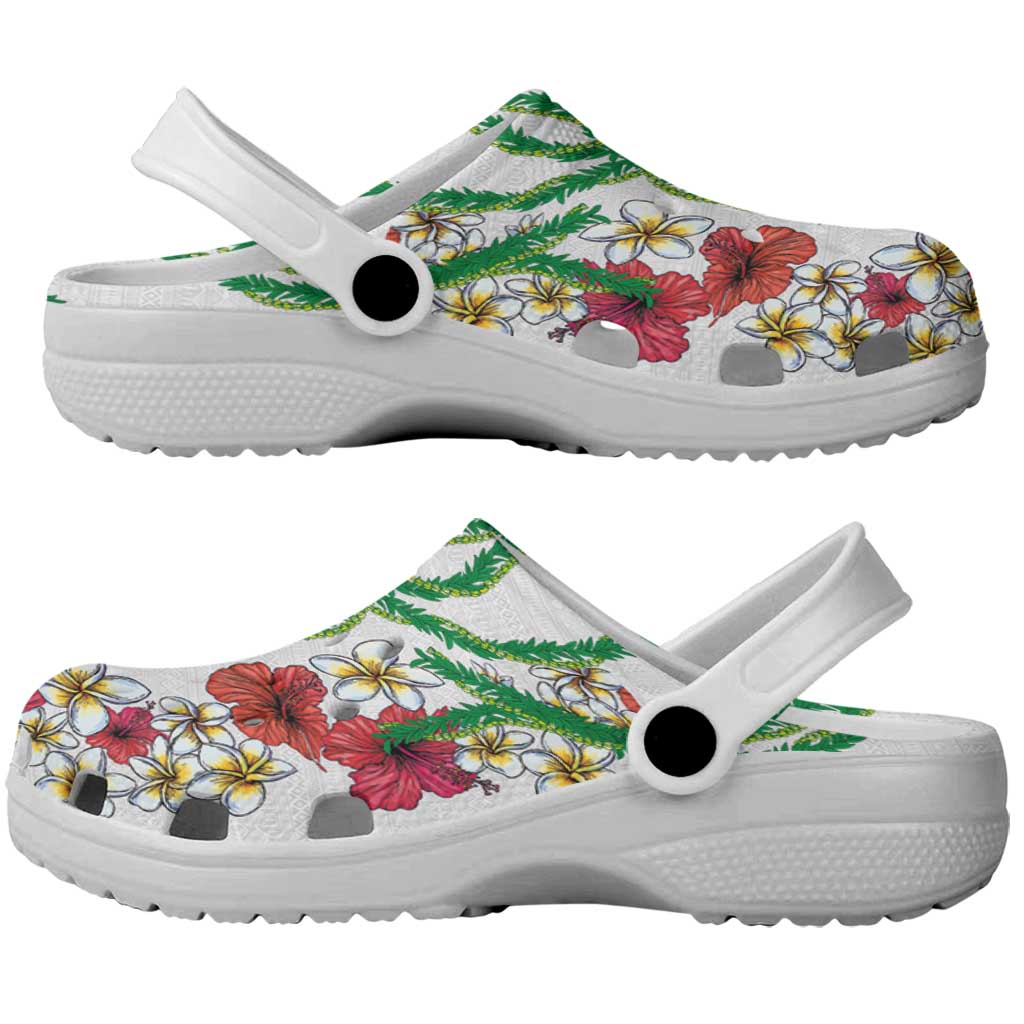 Hawaiian Tropical Flowers and Maile Pikake Clogs Shoes Polynesian Tribal Pattern White Color