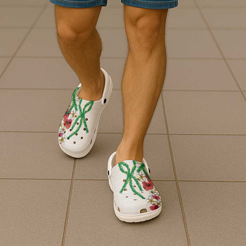 Hawaiian Tropical Flowers and Maile Pikake Clogs Shoes Polynesian Tribal Pattern White Color