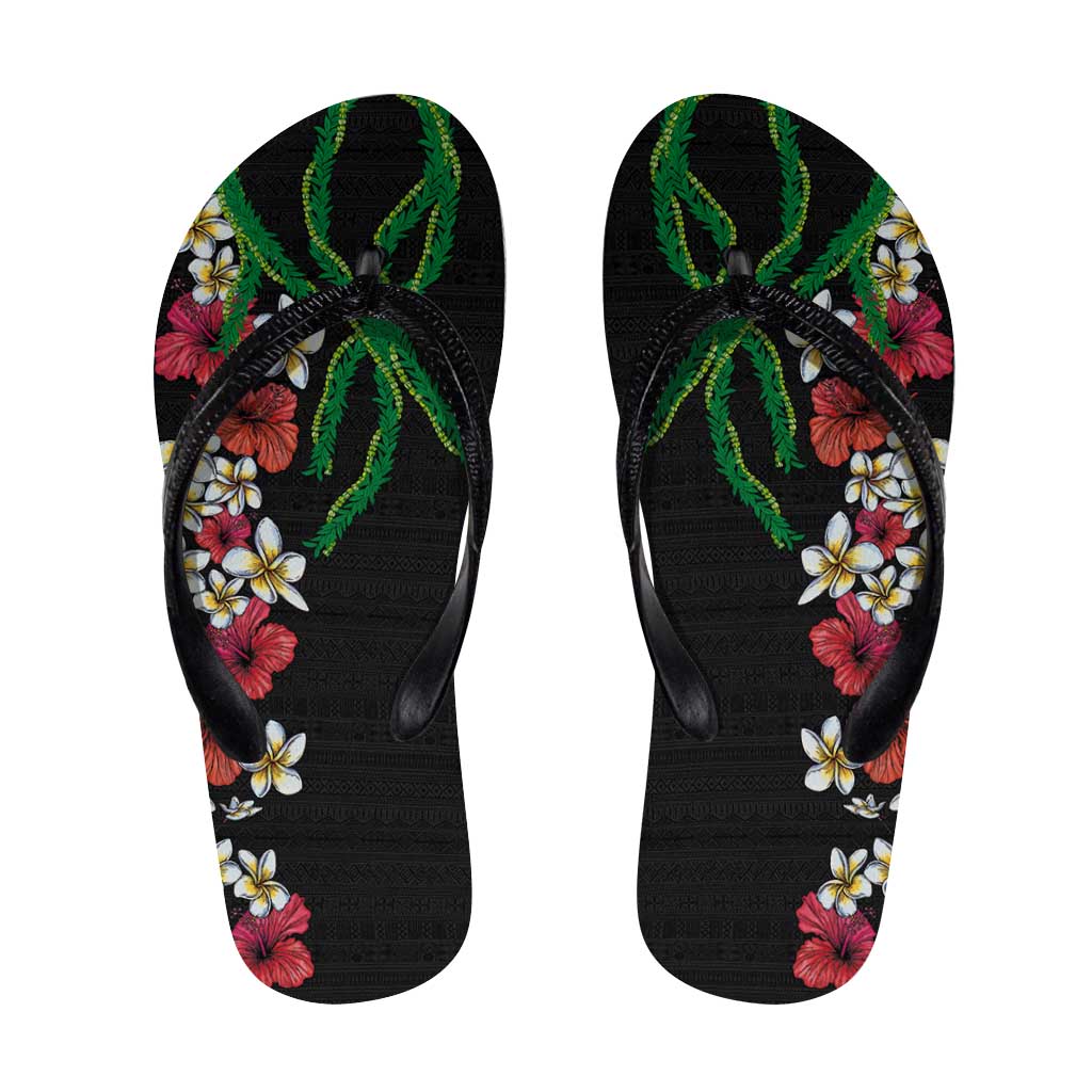 Hawaiian Tropical Flowers and Maile Pikake Flip Flops Polynesian Tribal Pattern Black Color LT03 Black - Polynesian Pride