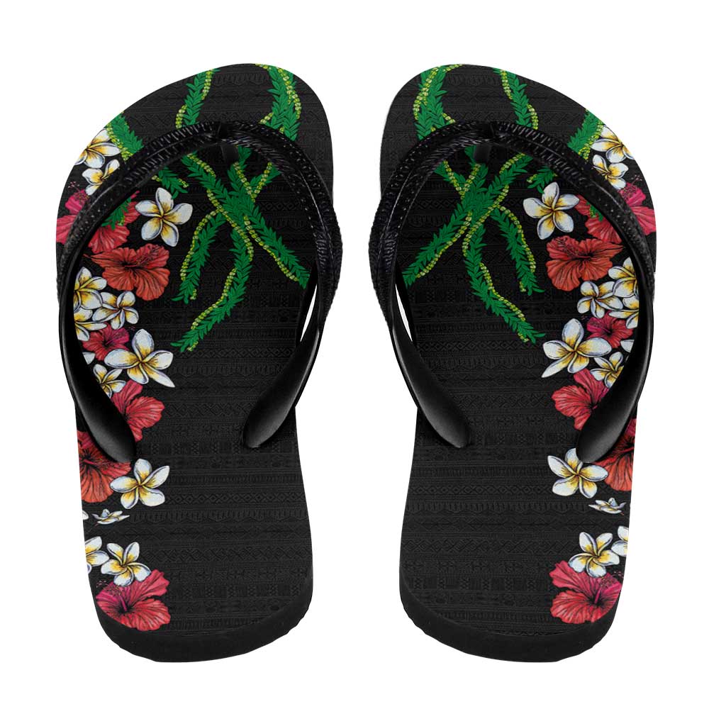 Hawaiian Tropical Flowers and Maile Pikake Flip Flops Polynesian Tribal Pattern Black Color LT03 - Polynesian Pride
