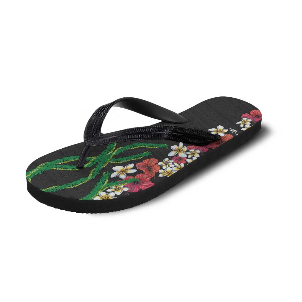 Hawaiian Tropical Flowers and Maile Pikake Flip Flops Polynesian Tribal Pattern Black Color LT03 - Polynesian Pride