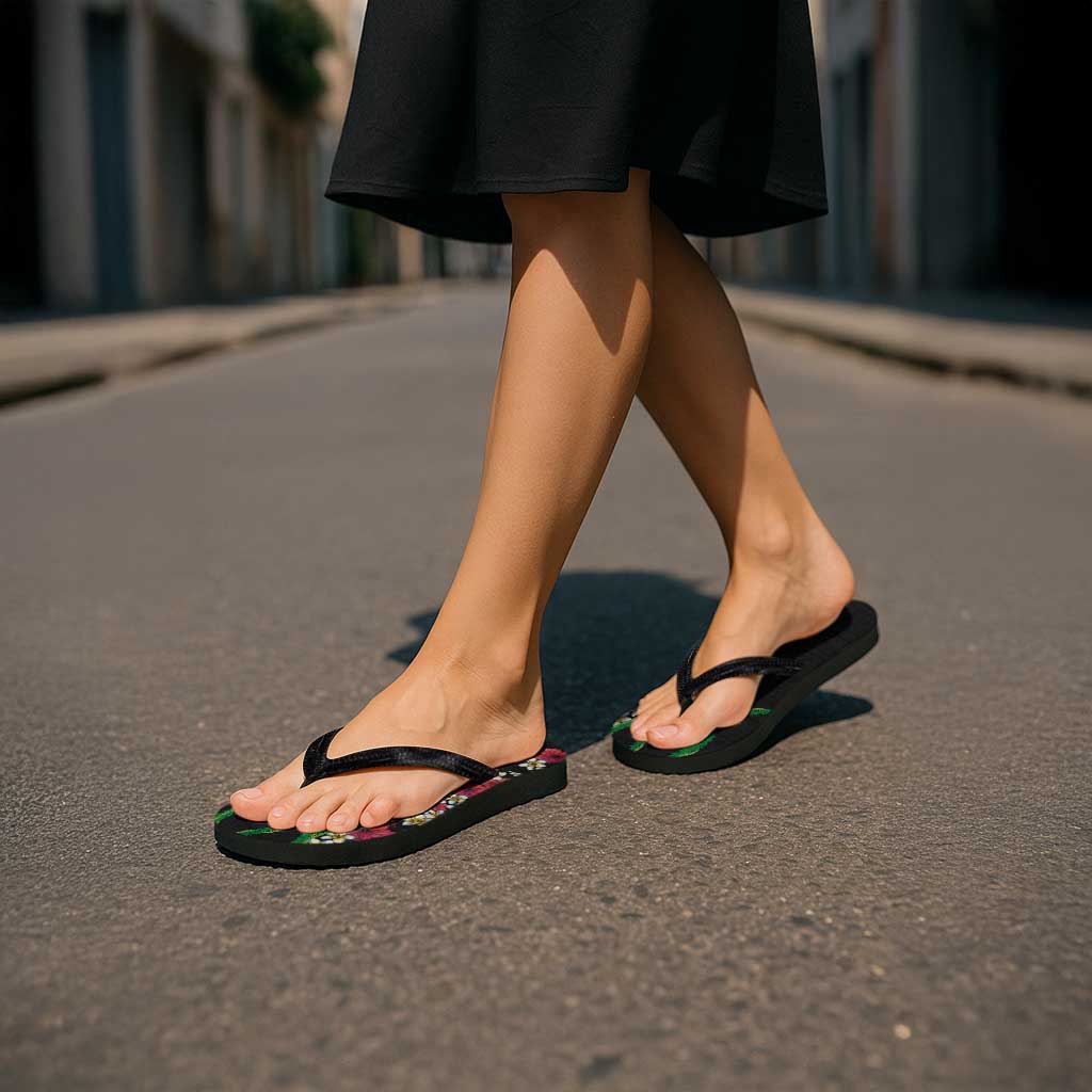 Hawaiian Tropical Flowers and Maile Pikake Flip Flops Polynesian Tribal Pattern Black Color LT03 - Polynesian Pride