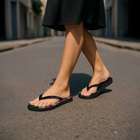 Hawaiian Tropical Flowers and Maile Pikake Flip Flops Polynesian Tribal Pattern Black Color LT03 - Polynesian Pride