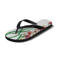 Hawaiian Tropical Flowers and Maile Pikake Flip Flops Polynesian Tribal Pattern White Color