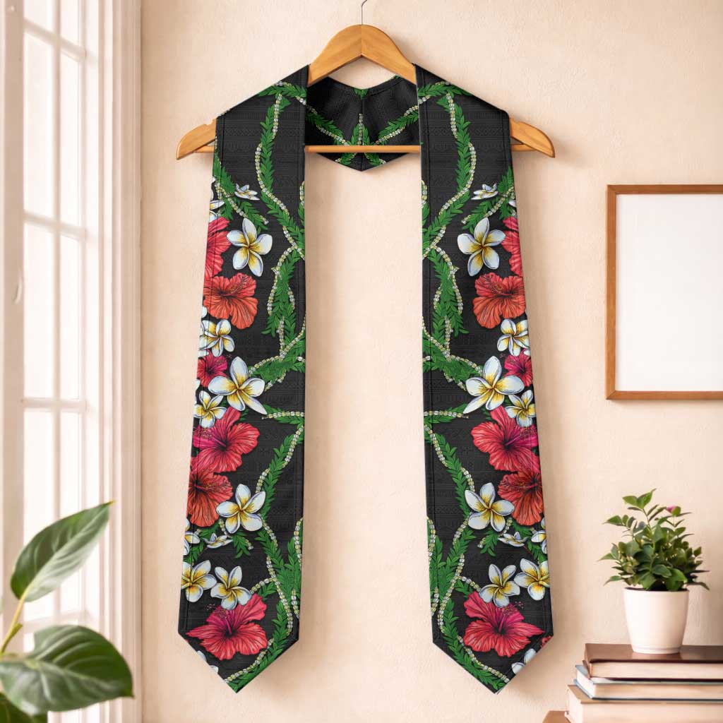 Hawaiian Tropical Flowers and Maile Pikake Graduation Stole Polynesian Tribal Pattern Black Color