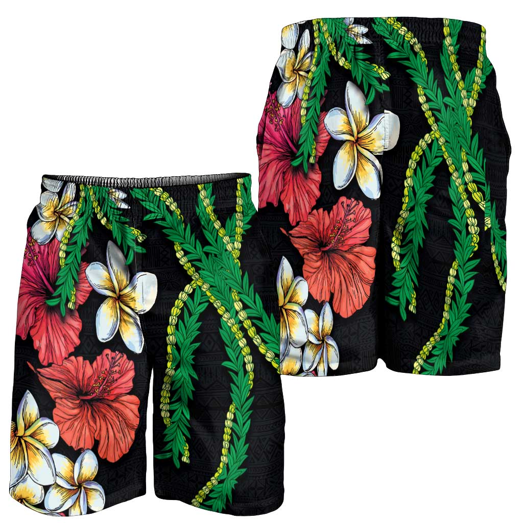 Hawaiian Tropical Flowers and Maile Pikake Shorts for Men Polynesian Tribal Pattern Black Color - Polynesian Pride