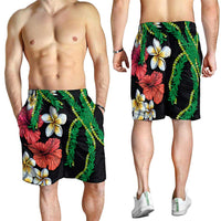 Hawaiian Tropical Flowers and Maile Pikake Shorts for Men Polynesian Tribal Pattern Black Color - Polynesian Pride
