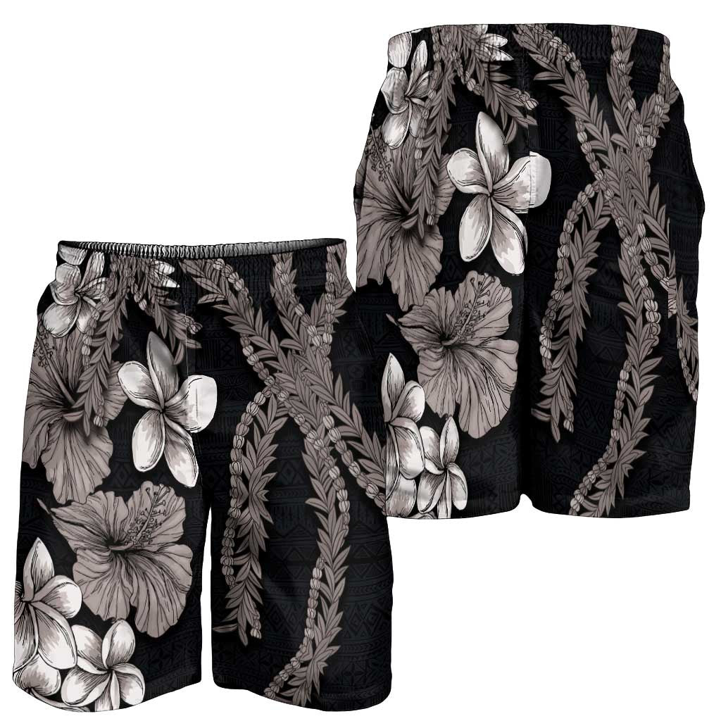 Hawaiian Tropical Flowers and Maile Pikake Shorts for Men Polynesian Tribal Pattern Grayscale Mode - Polynesian Pride
