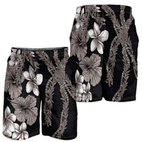 Hawaiian Tropical Flowers and Maile Pikake Shorts for Men Polynesian Tribal Pattern Grayscale Mode - Polynesian Pride
