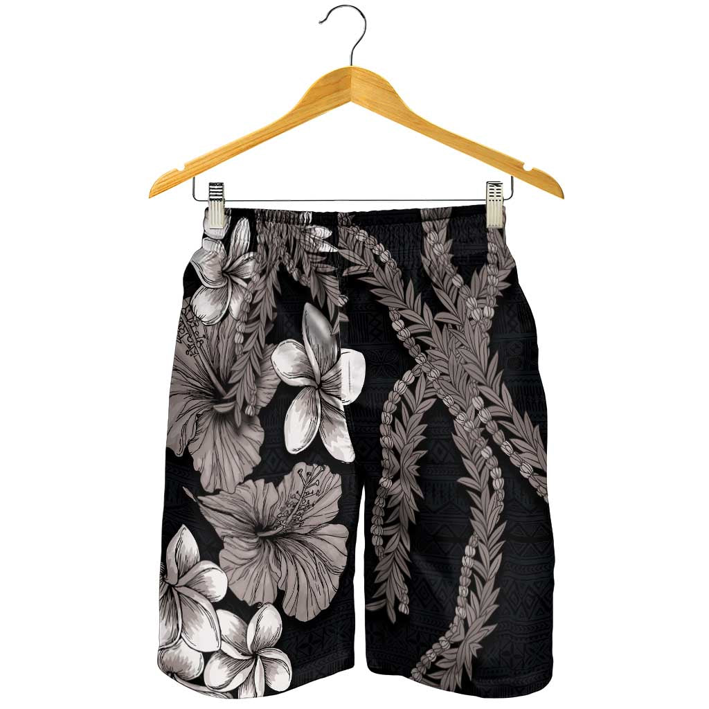 Hawaiian Tropical Flowers and Maile Pikake Shorts for Men Polynesian Tribal Pattern Grayscale Mode - Polynesian Pride
