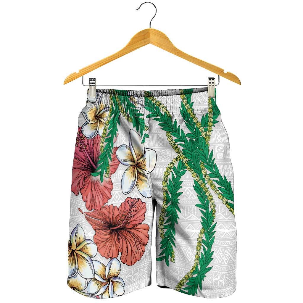 Hawaiian Tropical Flowers and Maile Pikake Shorts for Men Polynesian Tribal Pattern White Color - Polynesian Pride