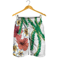 Hawaiian Tropical Flowers and Maile Pikake Shorts for Men Polynesian Tribal Pattern White Color - Polynesian Pride