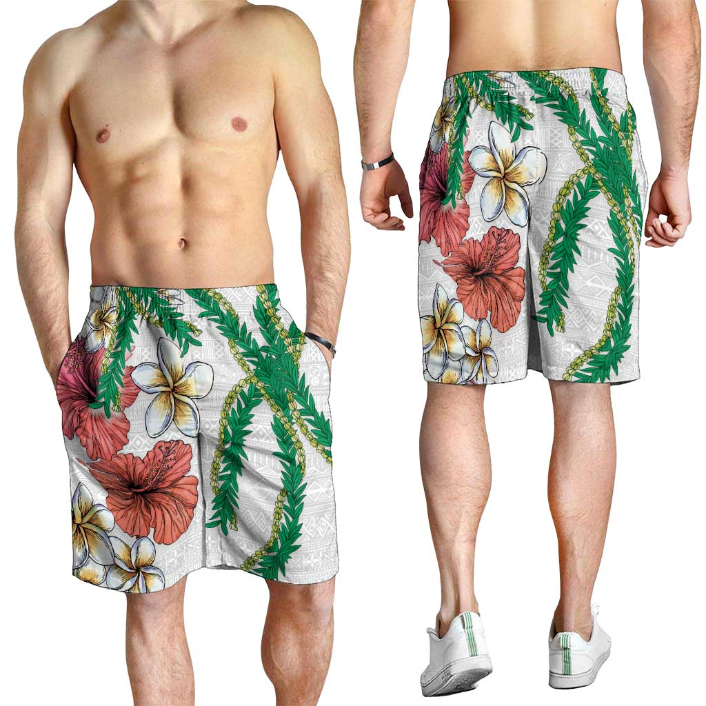 Hawaiian Tropical Flowers and Maile Pikake Shorts for Men Polynesian Tribal Pattern White Color - Polynesian Pride