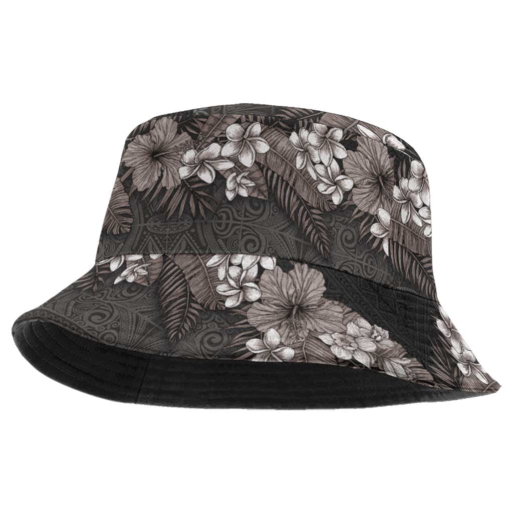 Hawaiian Tropical Flowers and Tribal Polynesian Tattoo Bucket Hat Grayscale Mode LT03
