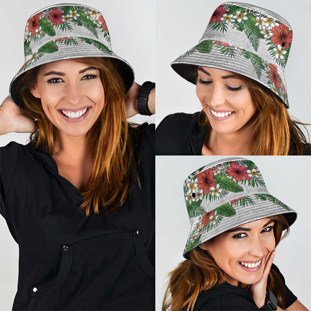 Hawaiian Tropical Flowers and Tribal Polynesian Tattoo Bucket Hat White Color LT03