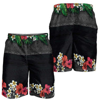 Hawaiian Tropical Flowers and Tribal Polynesian Tattoo Shorts for Men Black Color - Polynesian Pride