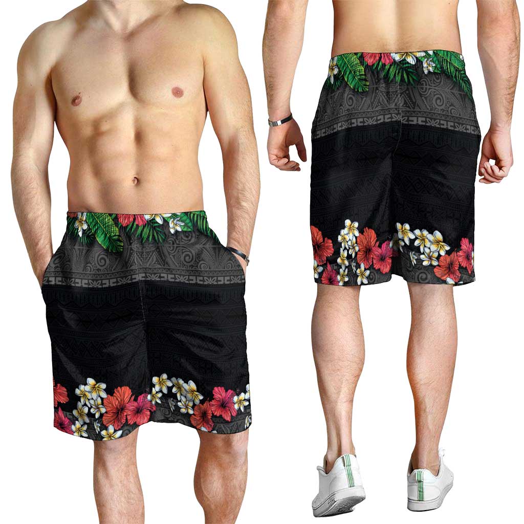 Hawaiian Tropical Flowers and Tribal Polynesian Tattoo Shorts for Men Black Color - Polynesian Pride